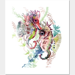Seahorse, soft Coral Pink Gray artwork Posters and Art